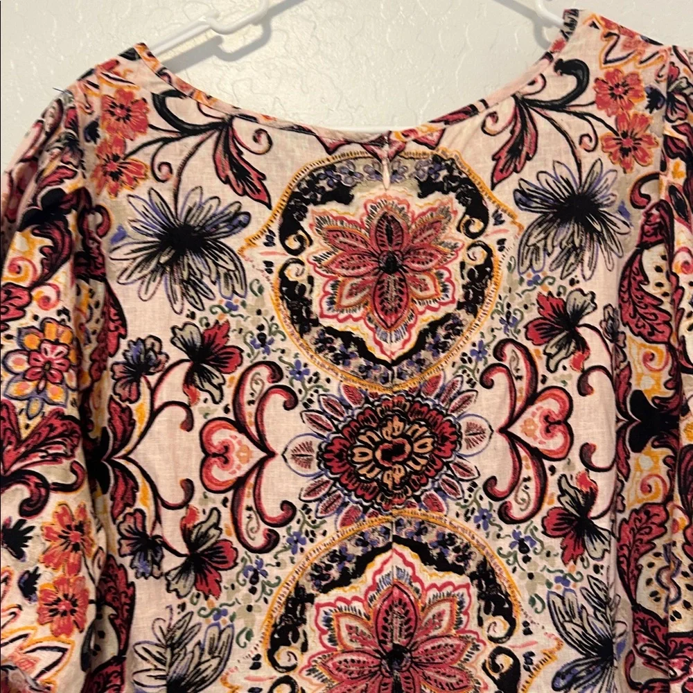 Lane Bryant Multicolor Floral Midi Dress Scallop-Hem‎ linen viscose short sleeve